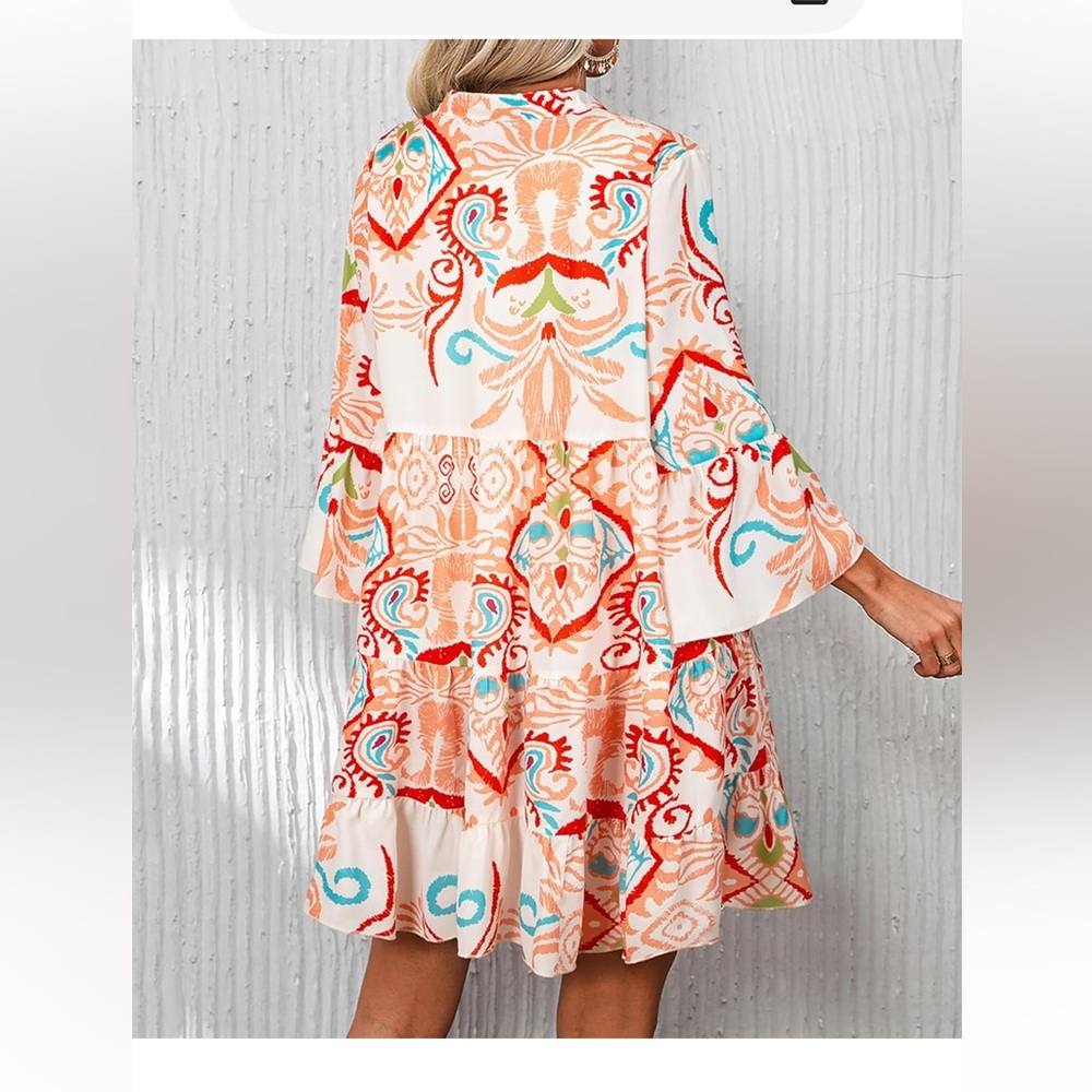 SELINK Long Sleeve Dresses Casual V Neck Tribal Print Button Flowy Mini Dress - Picture 5 of 9